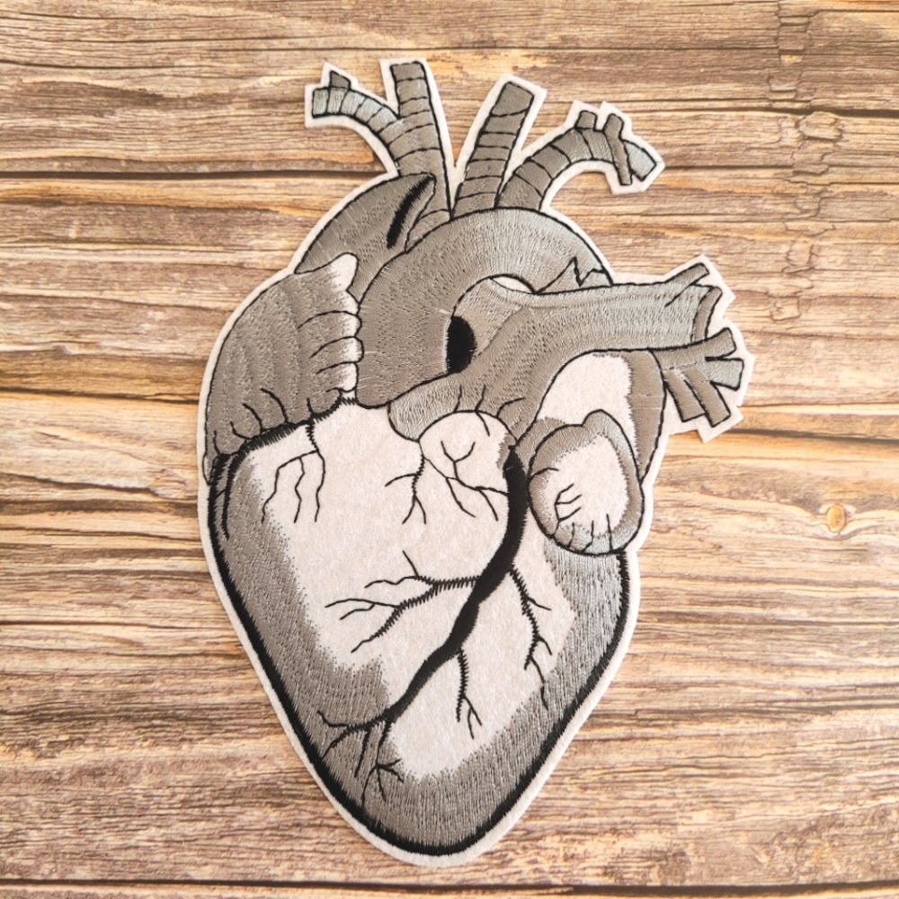 Giant Grey Heart Patch Anatomically Correct Goth Punk Embroidered Iron on Patch